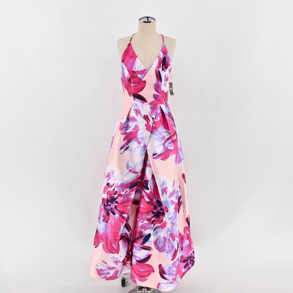 By & By Floral Maxi Dress Size 7 Pink Purple Abstract Wedding Gala Gown Evening